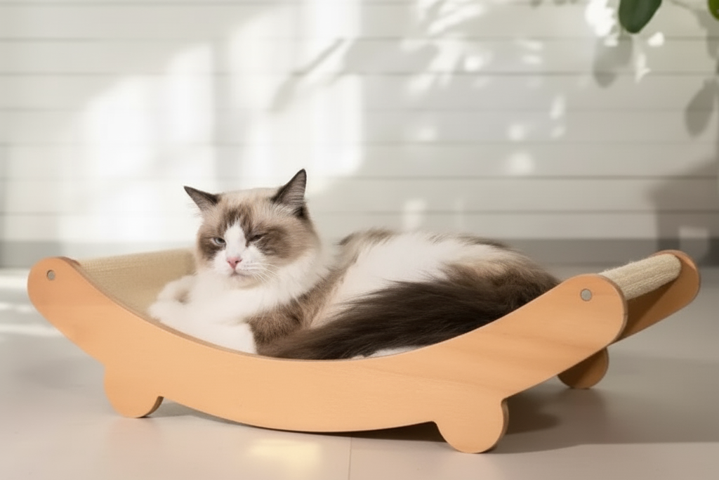 Cat lying on a wooden cat bed in a bright room with a plant in the corner.